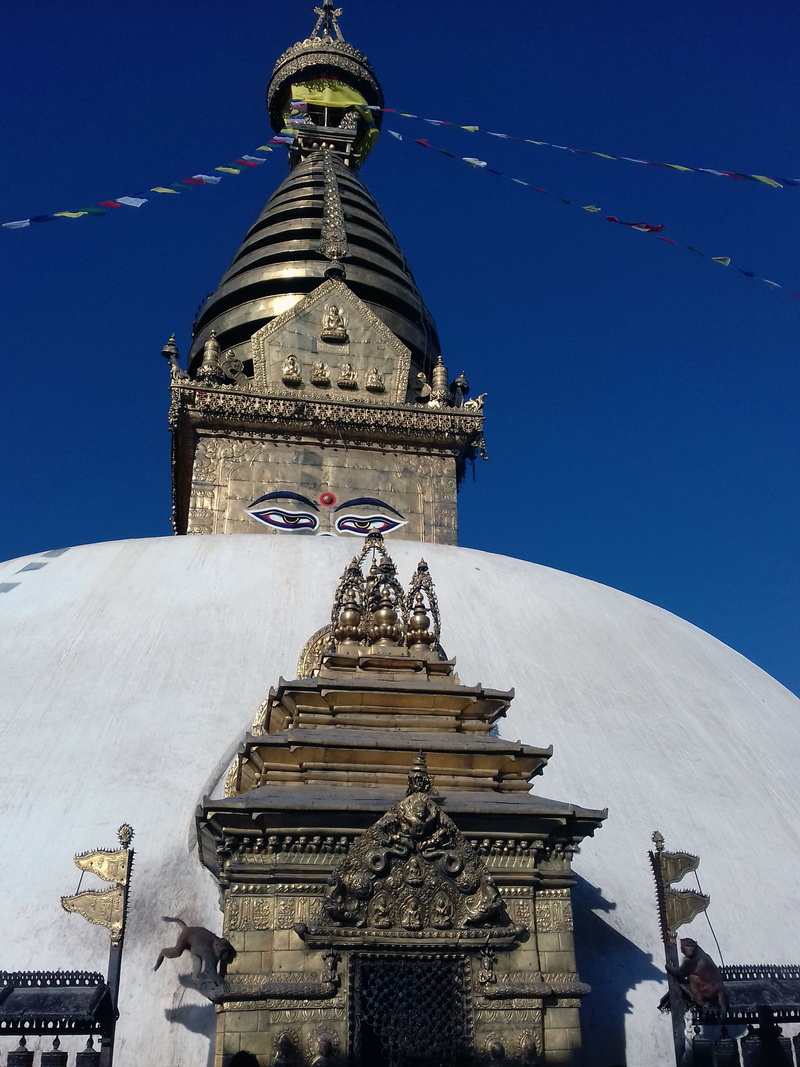 place of worship, building, dome, blue, sky, low angle view, nature, spire, built structure, no people, day, travel destinations, boudhanath, religion