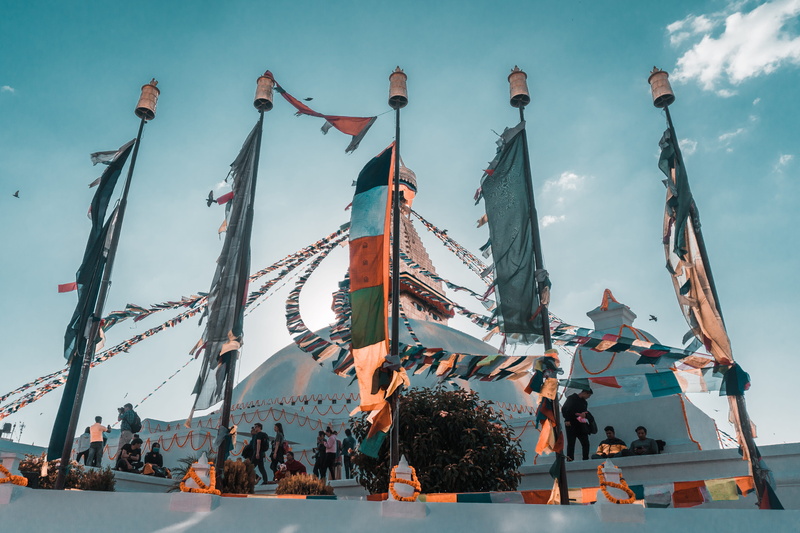 boudhha, 5K, belief, large group of people, nature, sky, architecture, buddha, arts culture and entertainment, kathmandu, cloud - sky, hanging, low angle view