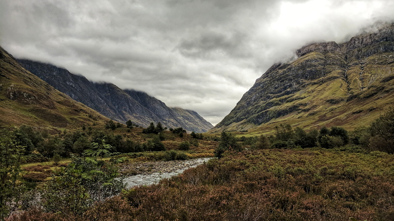non-urban scene, green, cloud - sky, scenic, outdoors, highlands, rock, plant, nimbus, near, land, river, storm cloud, environment, no people, outdoor
