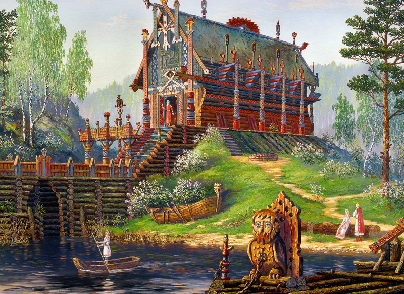 art, The Temple Of Svetovid, history, temple, Russian folklore, 5K, Vsevolod Ivanov, river, late spring, boat, Slavic, spring, painting