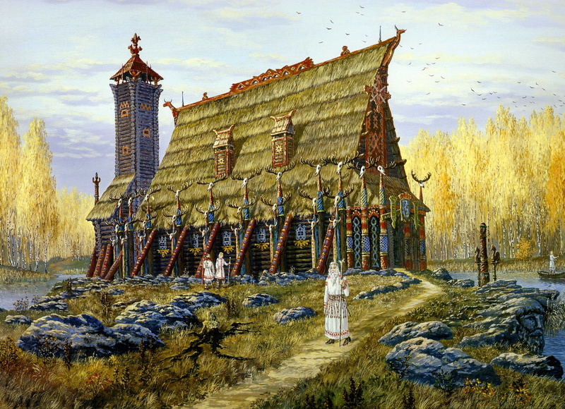 Slavic, day, building Exterior, tourism, old, blue, urban Scene, cultures, temple, The Temple Of The Horse. Autumn, green, the past, cloud - sky, no people