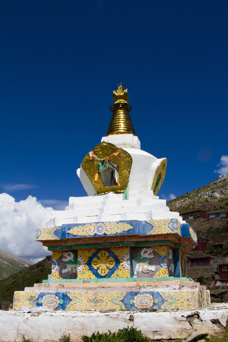 building, no people, nature, day, sky, outdoors, religion, tibet, spire, qinghai, spirituality, travel destinations, blue, low angle view, stupa, 5K, built structure