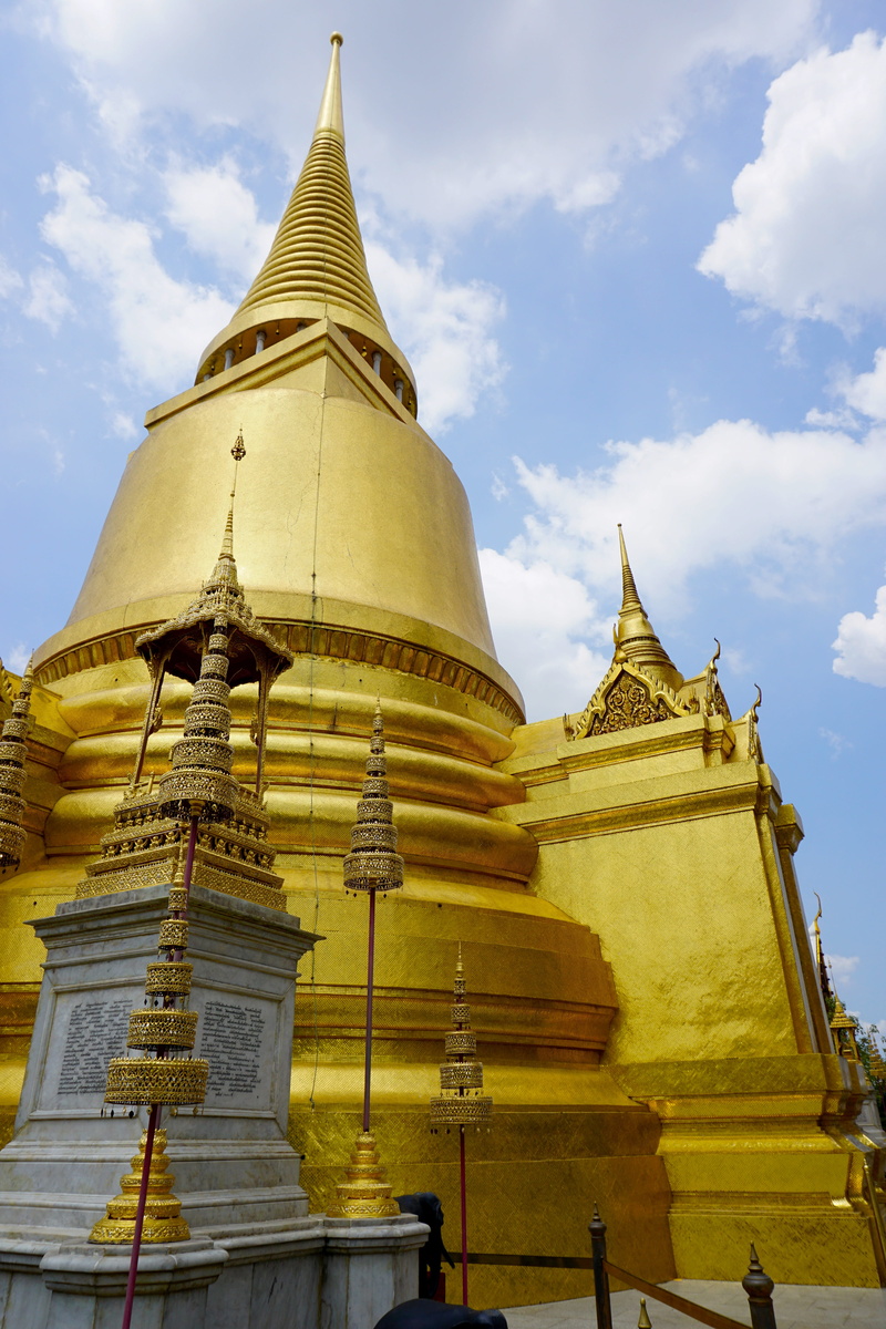 buddhism, spire, religion, chedi, gold colored, bangkok, architecture, low angle view, spirituality, 5K, outdoors, thailand, sky, grand palace, gold, cloud - sky