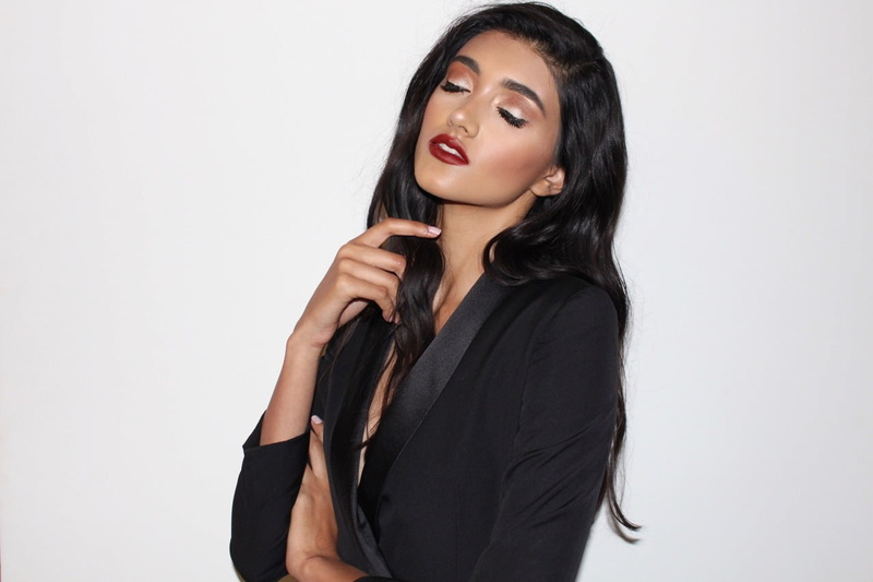 simple background, red lipstick, Indian, long hair, brunette, women, closed eyes, 720P, Neelam Gill