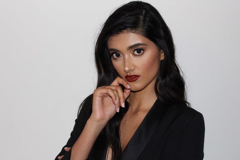 Neelam Gill, women, red lipstick, 720P, Indian, brunette, long hair, simple background