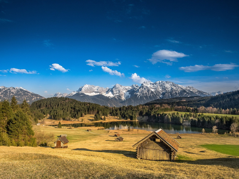 shadows, view, autumn, blue sky, mountains, the barn, autumn landscape, slope, Alps, wonderful, field, the slopes, flowers, Alpine village, dal, forest