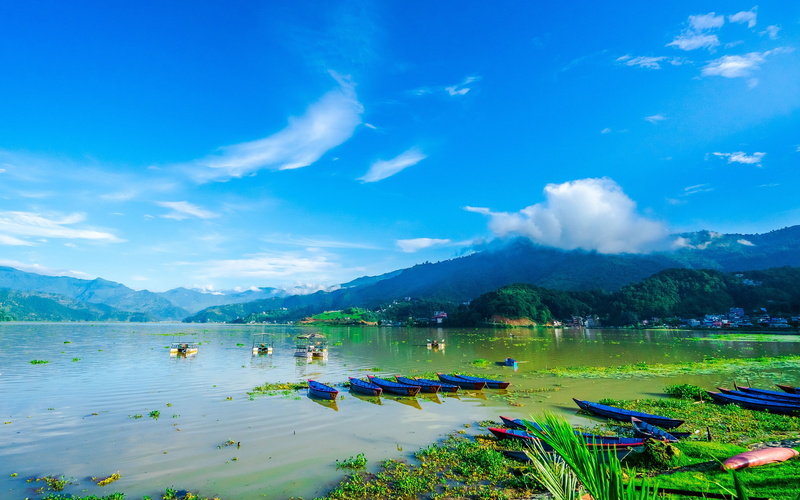 mountain range, sky, 4K, transportation, green, nepal, lake, tranquil scene, nautical vessel, beauty in nature, day, moored, water, cloud - sky, mountain