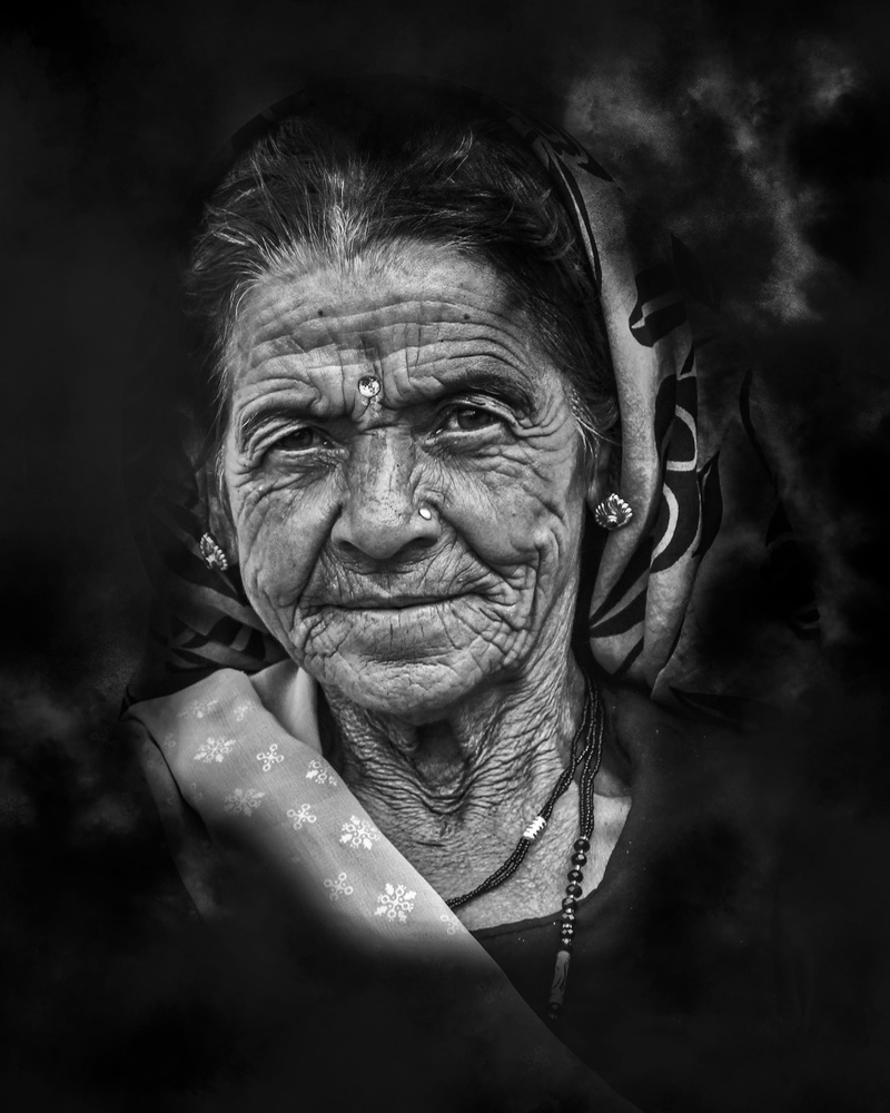 eyes, headshot, human face, age, skin, facial expression, emotion, black-and-white, smile, person, looking at camera, hair, 2K, adult, closeup, grey, white hair