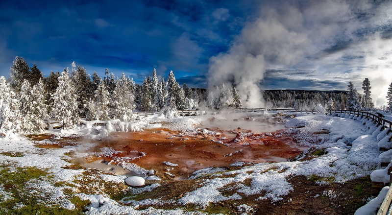 Woods, hot spring, Snow, power in nature, Scenic, mudpot, Wilderness, mudpots, beauty in nature, Steam, Landscape, scenics - nature, Forest, tourism, non-urban scene