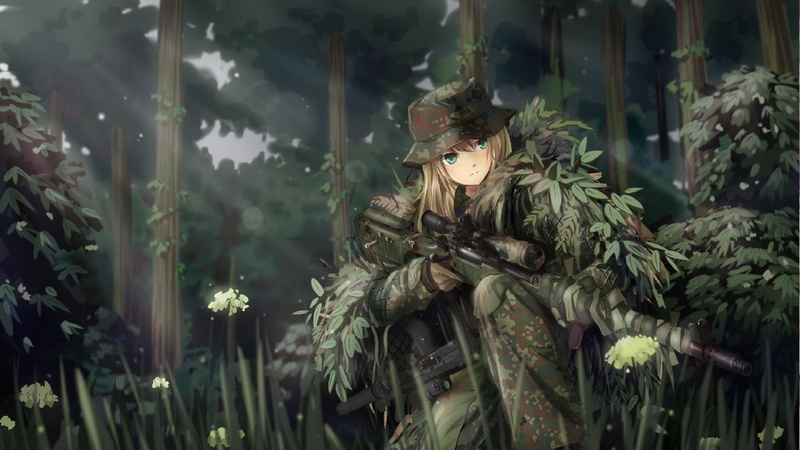 camo, leaf, girl, grass, no people, nature, growth, anime, portrait, 1080P, front view, focus on foreground, tree, trees, military, plant, glass - material