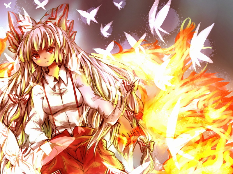 Fire, mokou, long, red eyes, 1080P, blondes, Touhou, Fujiwara No Mokou, hair, hd, animals, fujiwara, long hair, anime, girls, red, gray, art, butterflies