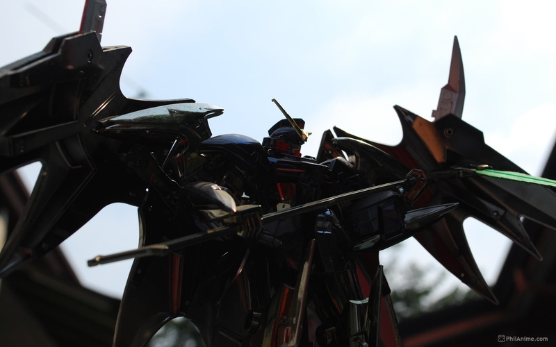 low angle view, gun, mode of transportation, stationary, transportation, sky, Mobile Suit Gundam Wing, metal, airplane, clear sky, land vehicle, outdoors