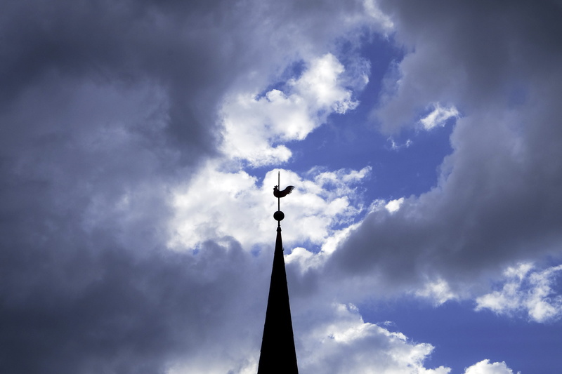 street light, day, cockerel, building exterior, street, built structure, overcast, clouds, storm, tower, church, lighting equipment, ornate, nature, outdoors