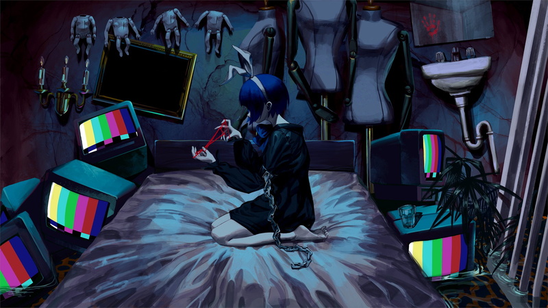 1080P, doll, blue hair, water, Mannequin, mirror, in bed, black dress, bed, CRT Monitor, anime girls, anime, short hair, chains
