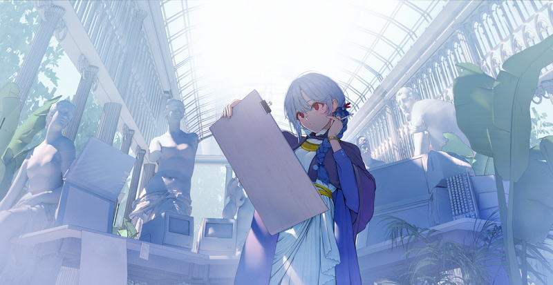 hair tail, anime, keyboards, pen, blue hair, scrunchy, wristband, Greek Columns, CRT Monitor, plants, statue, tablet, red eyes, anime girls, 2K, long hair