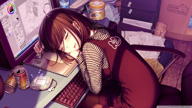 sitting, desk, high angle view, connection, indoors, electric lamp, glass, anime, furniture, women, business, communication, keyboard, hairstyle, still life