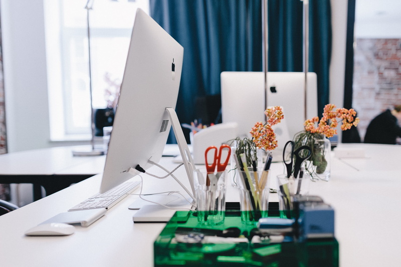computer monitor, business space, wall, desk, computers, business, workspace, brick, bricks, table, office, connection, clean, computer equipment, white color