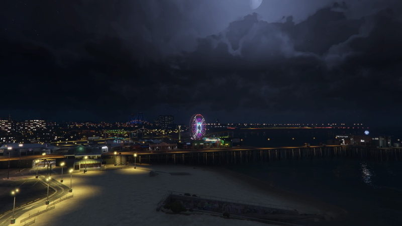storm, night, clouds, Grand Theft Auto Online, PlayStation 4, beach, Grand Theft Auto V, video games, city lights, fair, 1080P