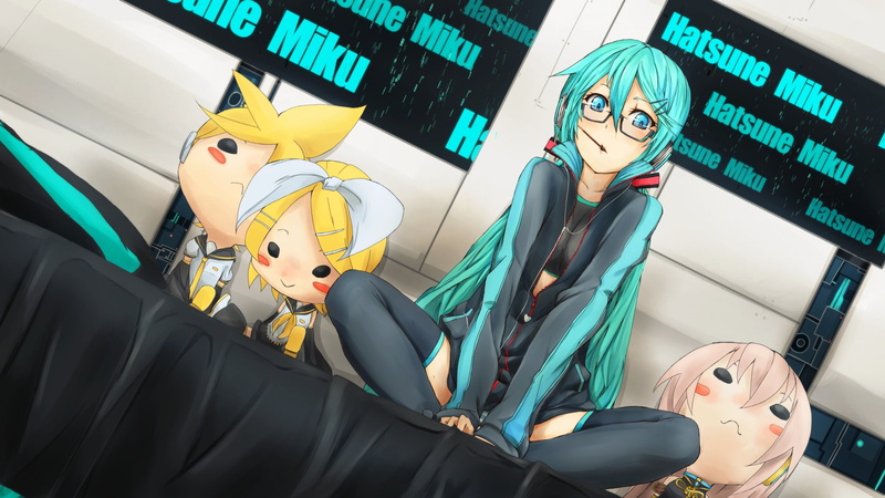 sitting, Hatsune Miku, megurine luka, glasses, miku hatsune, girl, headphones, art, kagamine rin, Vocaloid, bed, kagamine len, 1080P