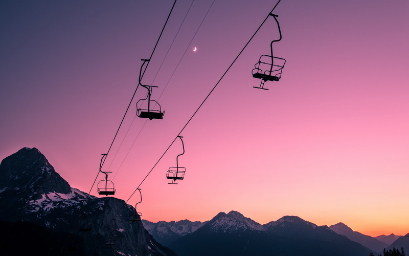 mountains, sunset, 2K, hd, ski, lift, silhouette, nature