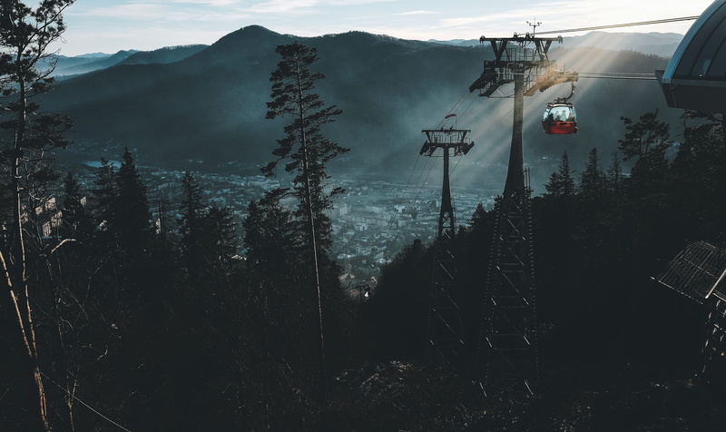 fog, mode of transportation, transportation, outdoors, Piatra Neamt, built structure, sign, no people, nature, forest, trees, ski, cold temperature, landscape