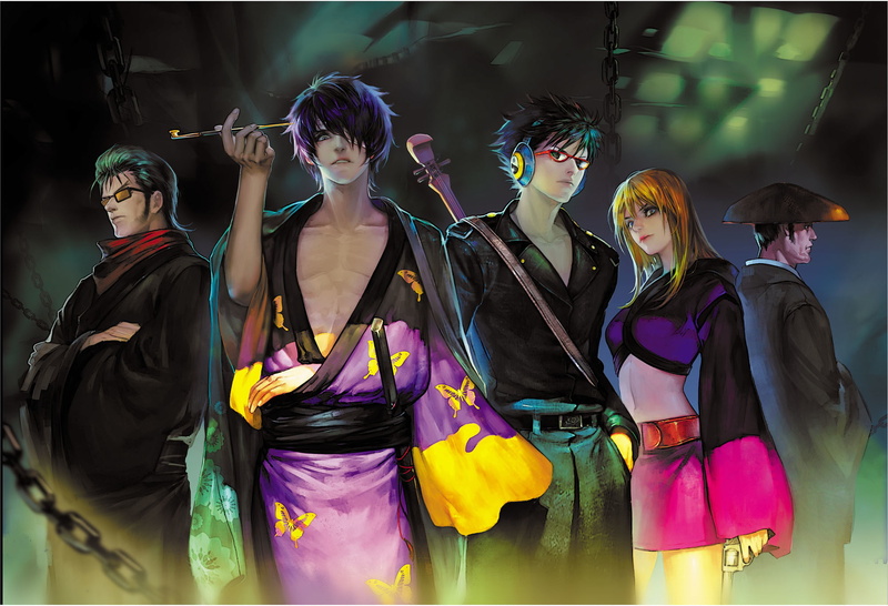 elna, glasses, hat, tube, guys, kimono, girl, takechi henpeita, weapons, chain, gintama, headphones, kawakami bansai, gun, takasugi shinsuke, kijima buttocks