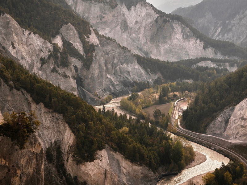 water, mountain range, outdoors, plant, front rhine, southeast switzerland, mountain, road, transportation, canyon, rhaetian railways, rhb, scenics - nature