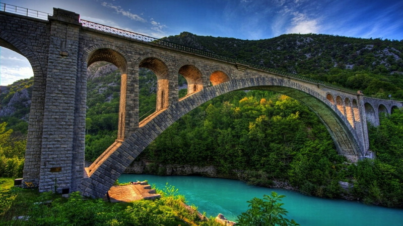 sky, nova gorica, europe, tree, reflection, no people, landscape, plant, nature, viaduct, connection, solkan bridge, architecture, transportation, built structure