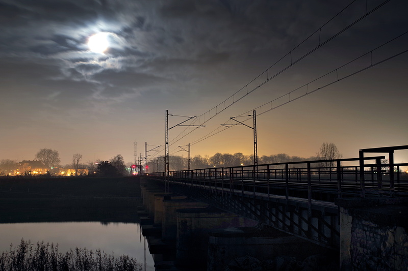 sky, electricity pylon, reflection, moon, twilight, pull station, railway, cloud - sky, the viaduct, bridge, cable, sun, beauty in nature, architecture