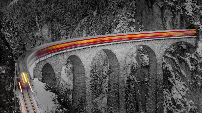 europe, landwasser viaduct, motion, arch bridge, transportation, bridge, public transportation, built structure, nature, long exposure, architecture, railway bridge