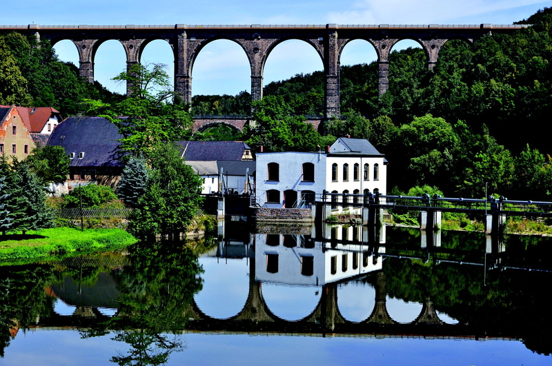 connection, bridge, day, reflection, water, arch bridge, architecture, building exterior, river, arch, Railway Bridge, Göhren, nature, built structure