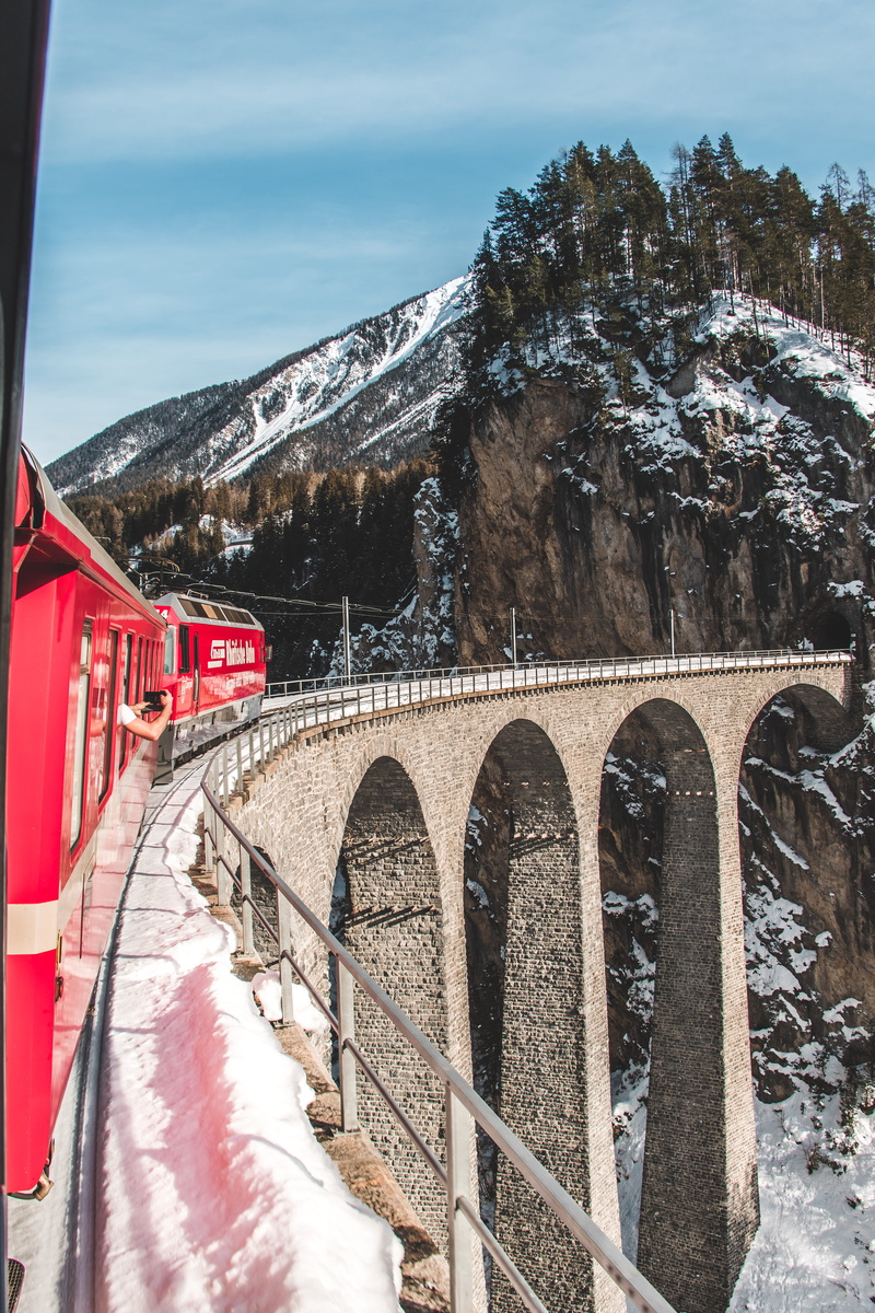 photography, vehicle, connection, arched, rhätischebahn, cold temperature, selective, bridge, winter, built structure, landwasserviaduct, 5K, beauty in nature