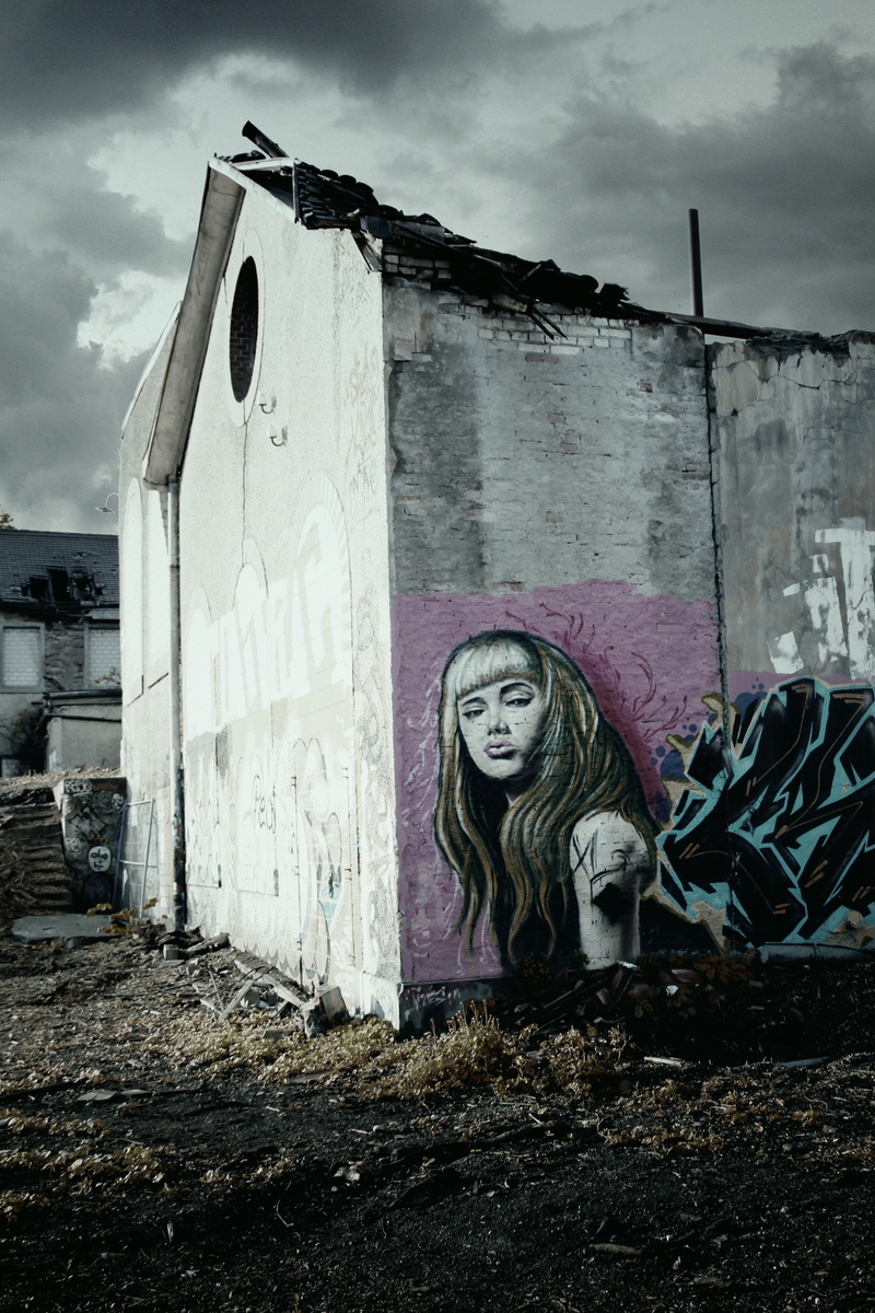 day, sky, 5K, building, cloud - sky, halloween, wall - building feature, representation, nature, dirty, people, graffitti, old building, human representation