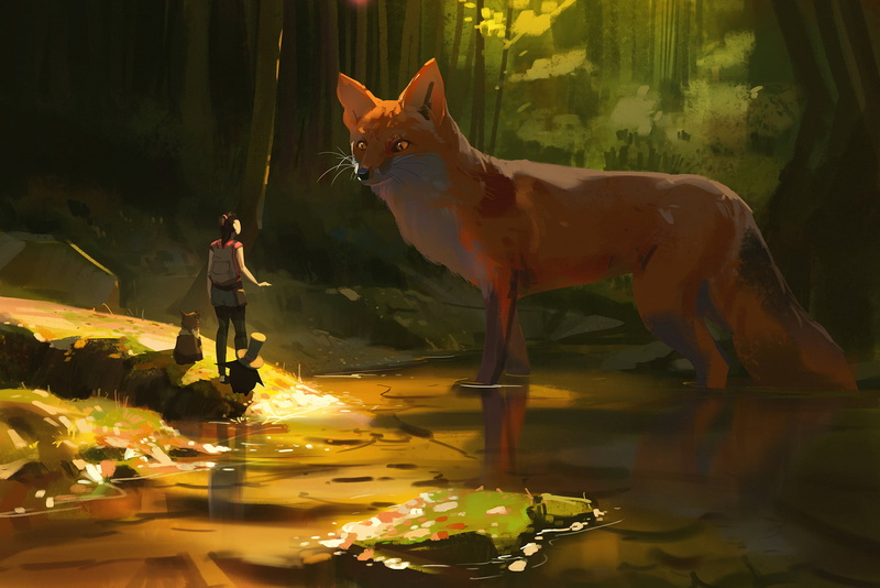 animals, artwork, digital art, fantasy art, fox, Atey Ghailan, 1080P