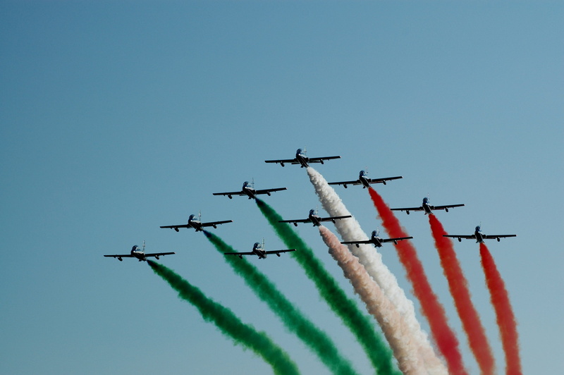 order, vapor trail, flag, sky, aerobatics, Arrows, flying, low angle view, outdoors, motion, leaving, colored, planes, speed, on the move, airplane, tricolor arrows