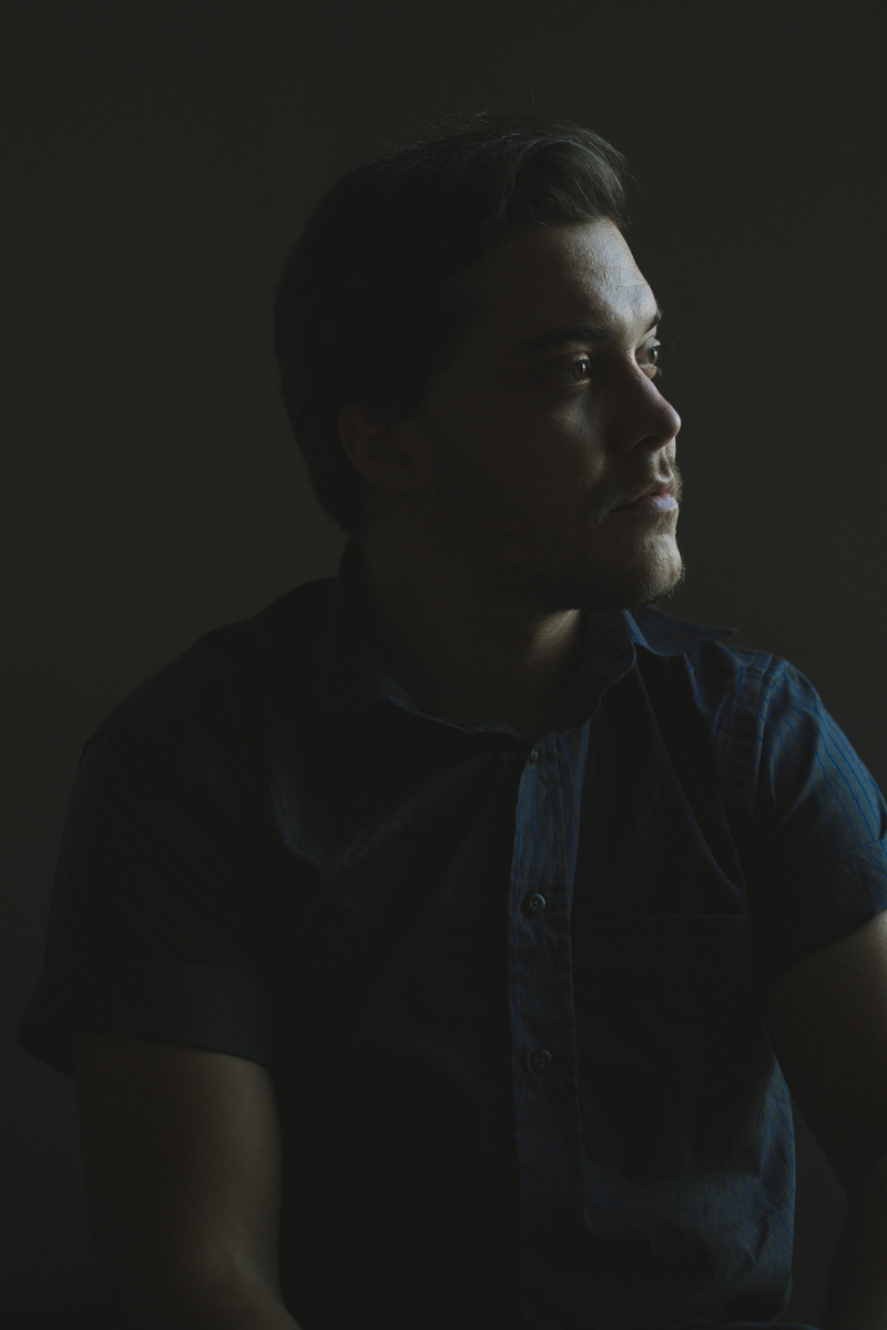 pentax, blue, portrait, button, contemplation, male, tone, analog, brazil, man, serious, 4K, side, young adult, face, real people, short, shadow, sleeved