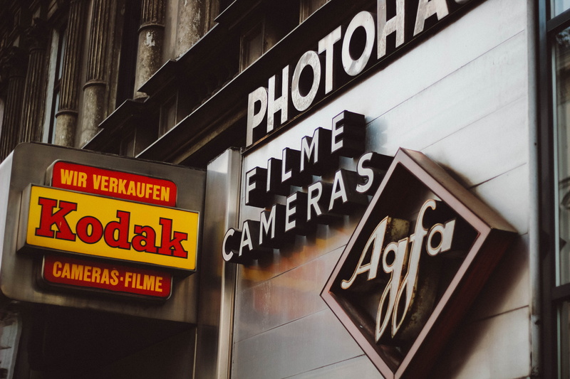 signage, film cameras, german, store, kodak film, business, technology, photography, no People, analogfoto, wienna, cameraporn, urban Scene, finance, brand