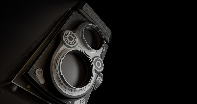 retro styled, studio shot, rollei, close-up, single object, lens, metal, technology, shape, black background, copy space, black, 3d-model, photography