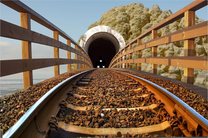 brown, rusty, bridge, train, architecture, track, direction, wooden, nature, day, 1080P, fence, rail transportation, no people, tunnel, railing, transportation