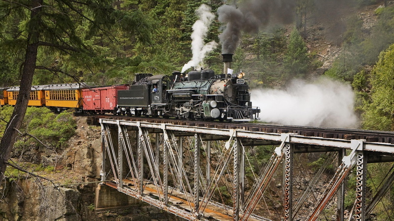nature, train, forest, railway, USA, landscape, steam locomotive, bridge, trees, 1080P, men, rock