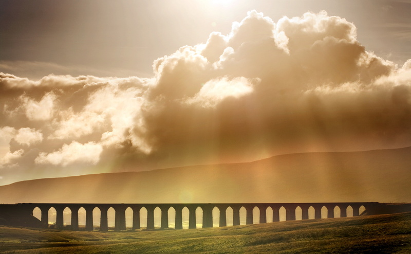 Clouds, scenics - nature, cloud - sky, fog, architecture, transportation, Ribblehead, Scenery, sunset, Landscape, Europe, Sunshine, connection, sunlight