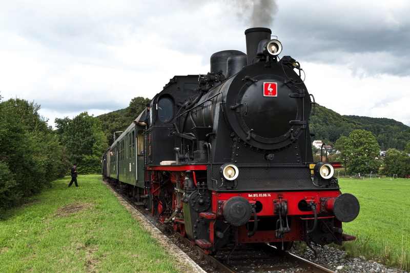 cloudy, historically, sky, train - vehicle, passenger train tank engine, steam, museum railway, railway, nature, passenger train, smoke - physical structure