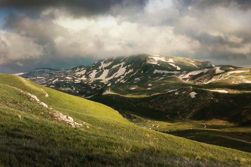 crest, grass, tranquility, scenics - nature, environment, land, mountain, peak, cloud - sky, green, montenegro, tranquil scene, nature, snowcapped mountain