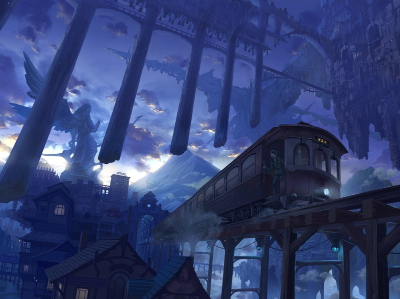 bridge, illuminated, dusk, cloud - sky, built structure, illustration, outdoors, train, 480P, vehicle, nature, travel, architecture, place of worship