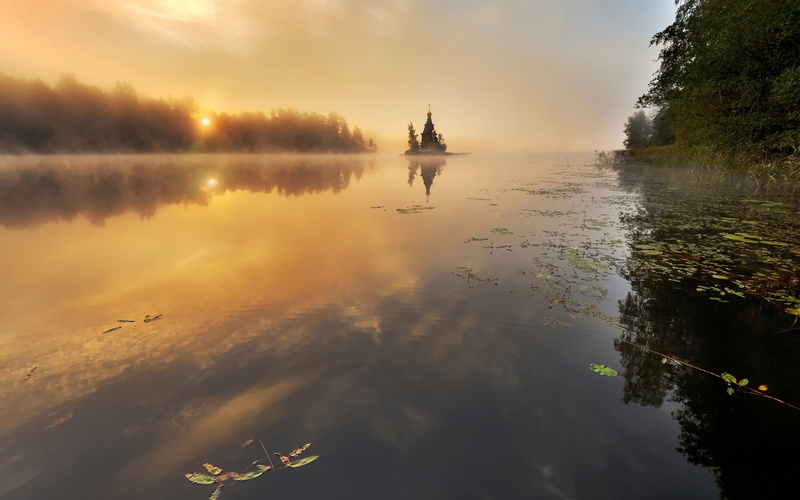 Trees, River, Autumn, 1080P, Sunrise, Mist, Vuoksi, Russia
