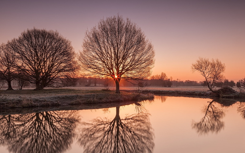 tranquil scene, lake, Sunset, orange color, no people, beauty in nature, river, landscape, tree, sunrise, water, frost, plant, nature, branch, night, bare tree