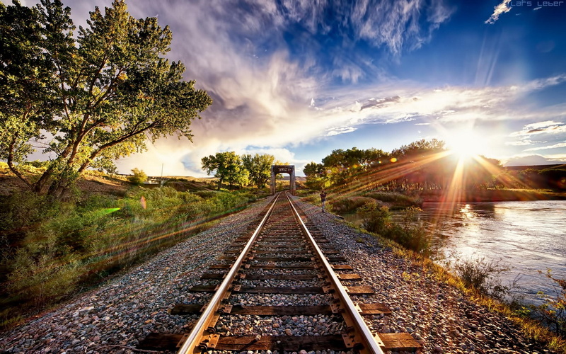 clouds, 1080P, trees, HDR, landscape, river, sunset, train, sun rays, nature, tracks