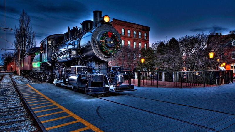 christmas, railway, train, trail, 1080P, city, night