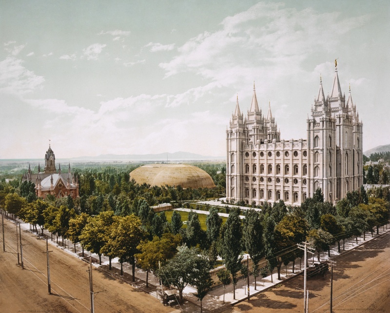2K, building exterior, tourism, photochrom, plant, travel destinations, 1899, building, spire, architecture, salt lake city, city, church, tree, travel