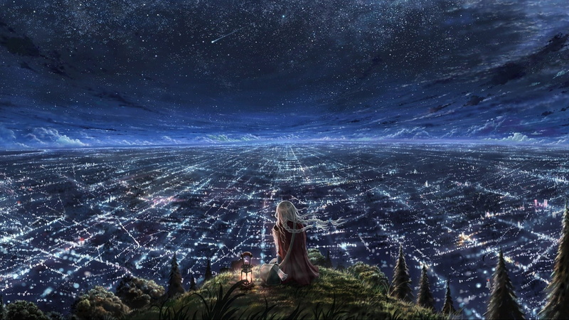 lights, anime, girl, starry night, anime girl, night, 1080P, starry